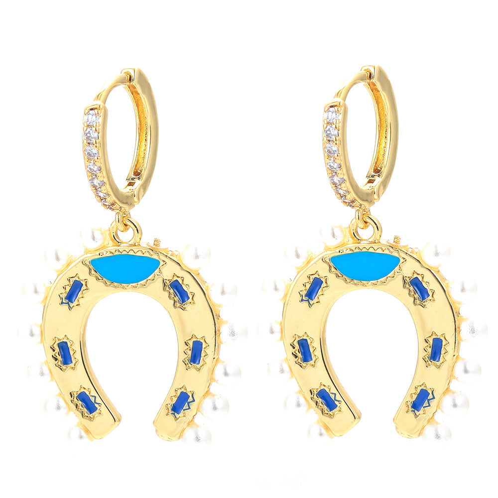 Geometric U-shaped Horseshoe Copper Inlaid Zircon Colorful Oil Earrings