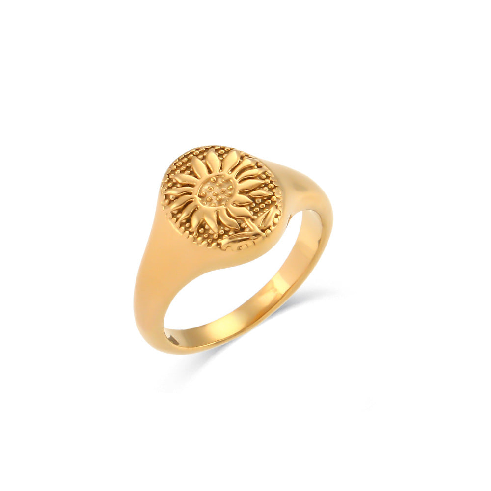 Fashion Retro Carved Flower Butterfly 18k Gold Oval Stainless Steel Ring