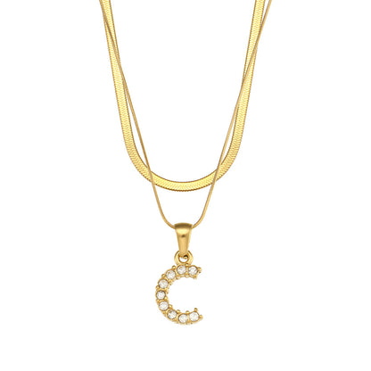 Fashion 18k Gold Plated Double-layer Chain Zircon Letter Stainless Steel Necklace