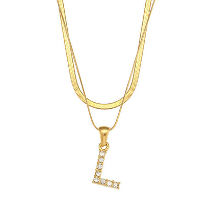 Fashion 18k Gold Plated Double-layer Chain Zircon Letter Stainless Steel Necklace