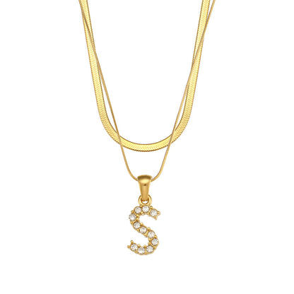 Fashion 18k Gold Plated Double-layer Chain Zircon Letter Stainless Steel Necklace