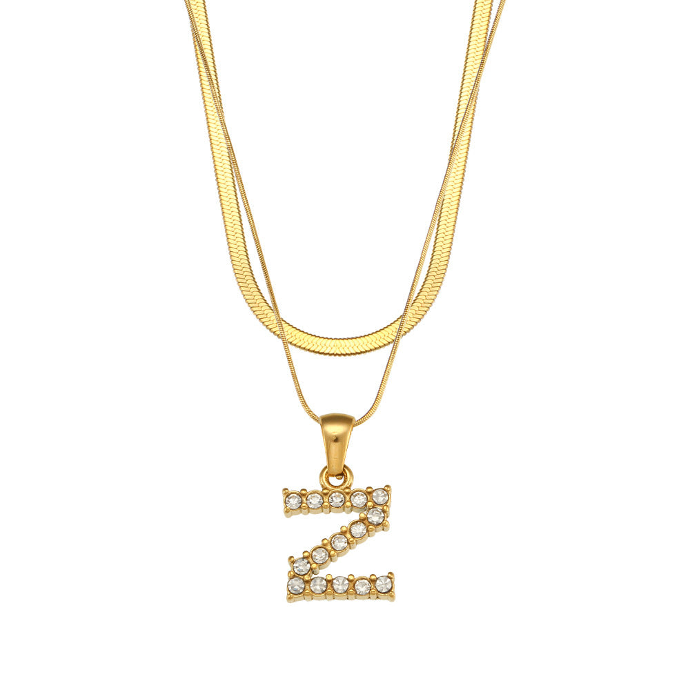 Fashion 18k Gold Plated Double-layer Chain Zircon Letter Stainless Steel Necklace