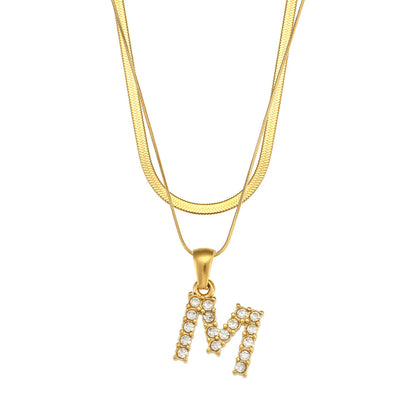 Fashion 18k Gold Plated Double-layer Chain Zircon Letter Stainless Steel Necklace