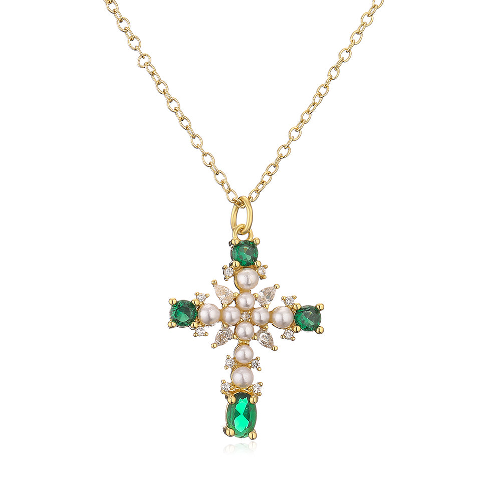 New Style Copper 18k Gold Plating Zircon Pearl Cross Pendant Necklace