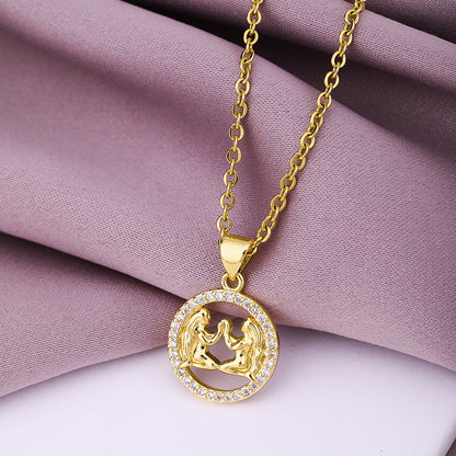 Fashion Twelve Constellation Copper Inlaid Zircon Gold Plated Stainless Steel Pendant Necklace