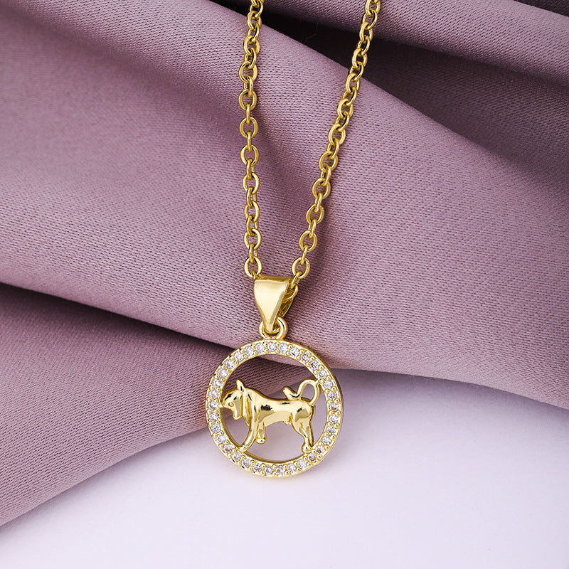 Fashion Twelve Constellation Copper Inlaid Zircon Gold Plated Stainless Steel Pendant Necklace