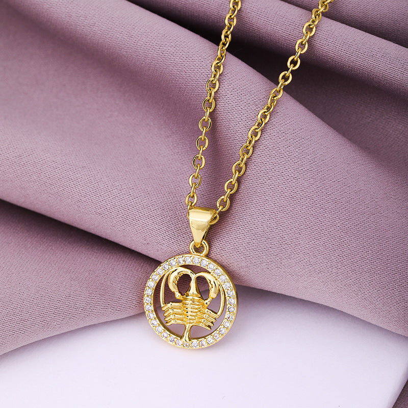 Fashion Twelve Constellation Copper Inlaid Zircon Gold Plated Stainless Steel Pendant Necklace