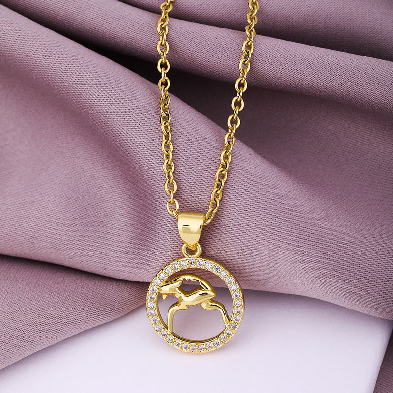 Fashion Twelve Constellation Copper Inlaid Zircon Gold Plated Stainless Steel Pendant Necklace