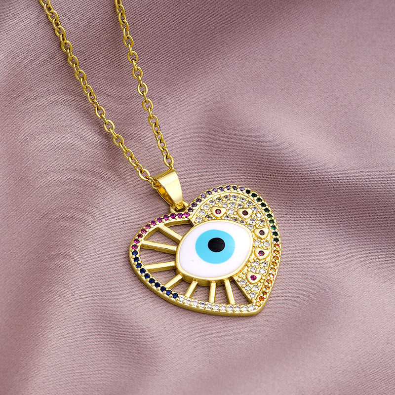 Fashion Evil Eye Copper Inlaid Zircon  Drop Oil Heart-shaped Pendant Stainless Steel Necklace