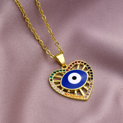 Fashion Evil Eye Copper Inlaid Zircon  Drop Oil Heart-shaped Pendant Stainless Steel Necklace