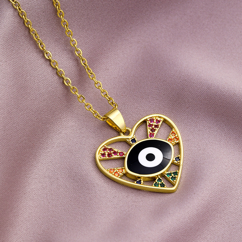 Fashion Evil Eye Copper Inlaid Zircon  Drop Oil Heart-shaped Pendant Stainless Steel Necklace