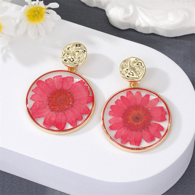 New Style Transparent Dried Flower Little Daisy Resin Round Pendant Earrings