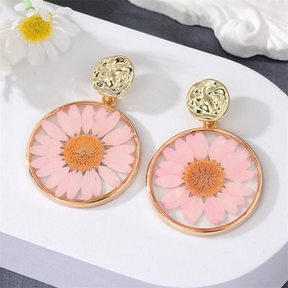 New Style Transparent Dried Flower Little Daisy Resin Round Pendant Earrings