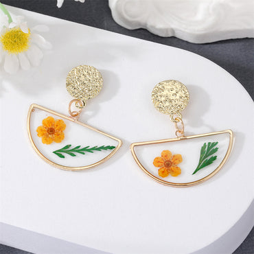 Cute Style Dried Flower Little Daisy Semicircle Transparent Pendant Earrings