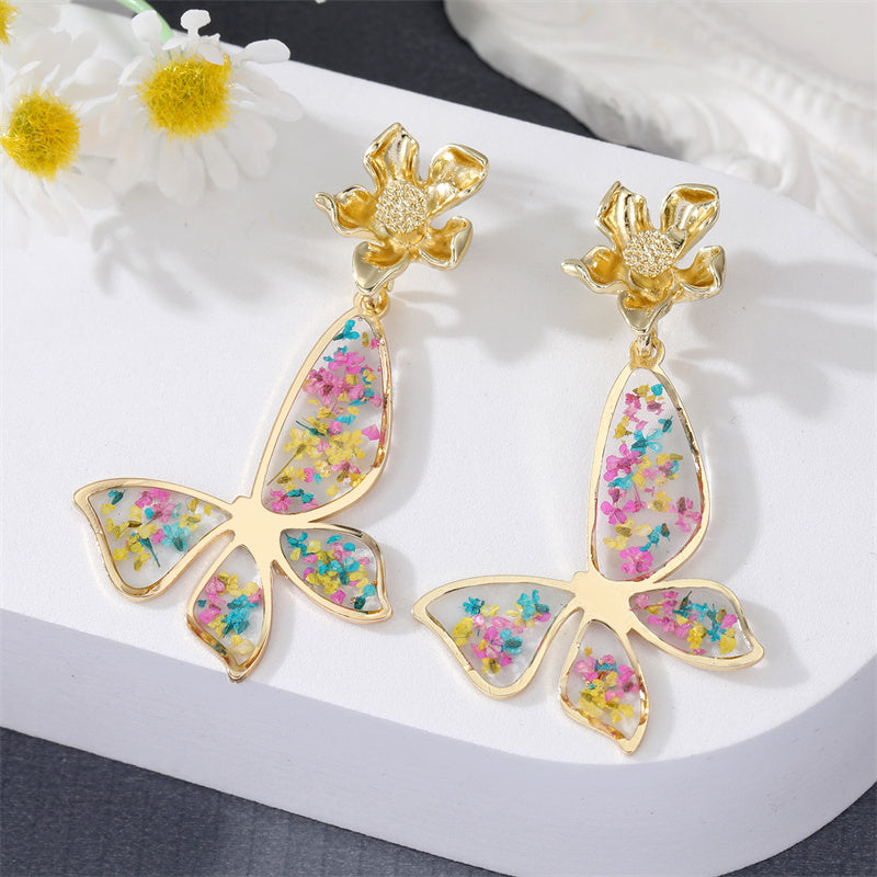 New Style Creative Rose Dried Flower Butterfly Heart-shaped Pendant Earrings