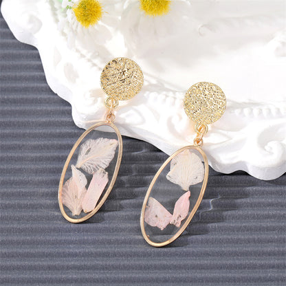 Vintage Style Dried Flower Daisy Oval Rhombus Pendant Earrings