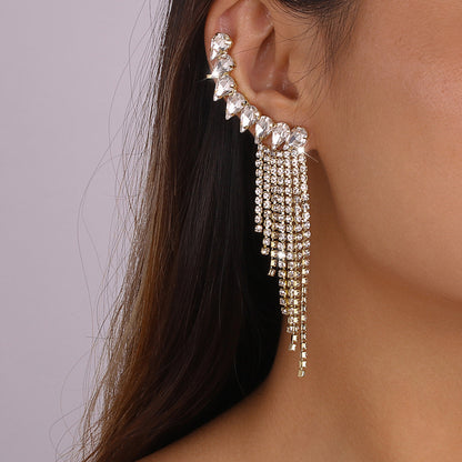 Fashion Geometric  Tassels Claw Chains Rhinestone Clip Earrings