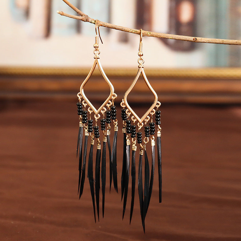 1 Pair Ethnic Style Bohemian Tassel Plating Alloy Feather Drop Earrings