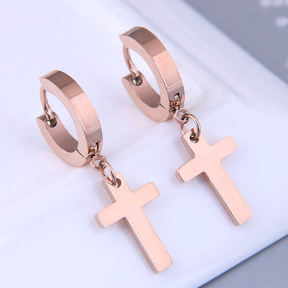 Trendy Silvery Golden Pendant Cross Shape Titanium Steel Hoop Earrings