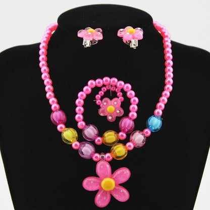 Children's Resin Necklace Bracelet 4 Pcs Set Rings Ear Studs Girls' Plastic Flower-shaped Set Wholesale