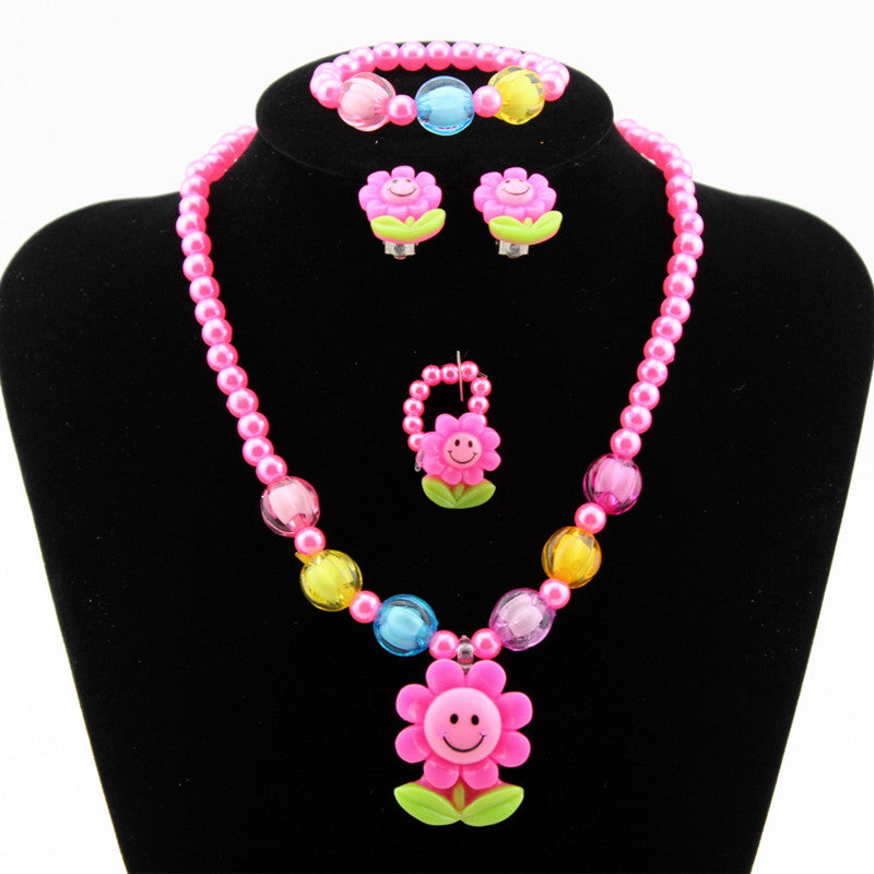 Wholesale Children's Ornaments Sets Of Chain Cartoon Sun Flower Beaded 4-piece Necklace Jewelry Set