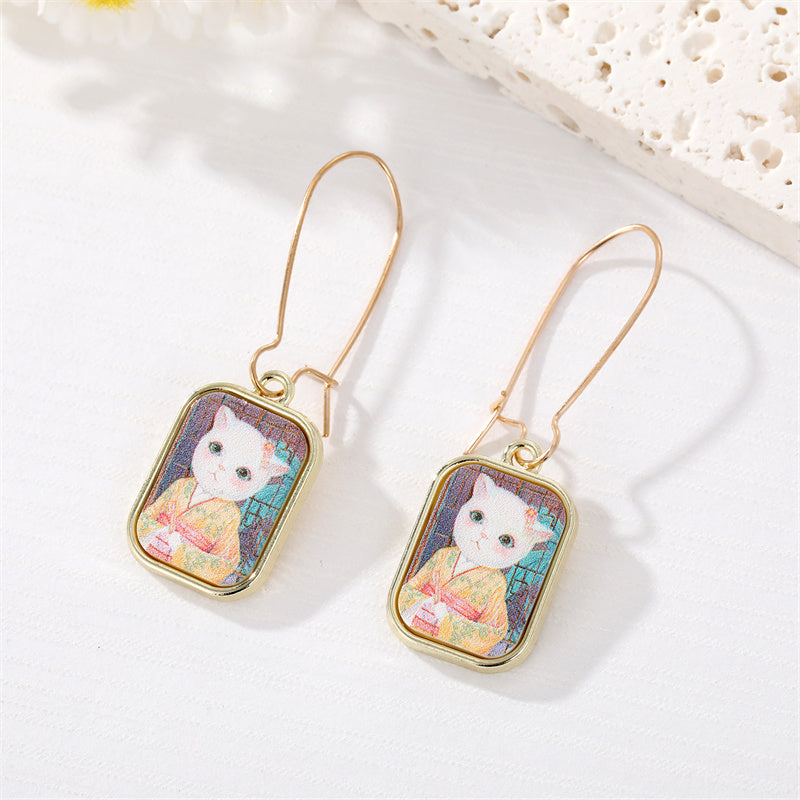 New Cute Style Cat Oil Painting Square Pendant Earrings