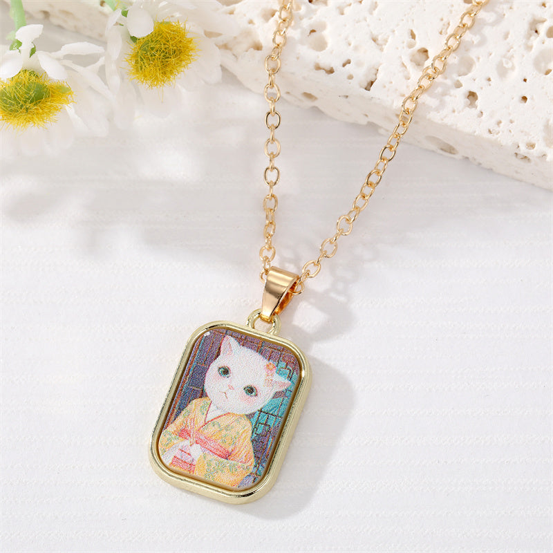 New Cute Style Cat Oil Painting Square Pendant Earrings