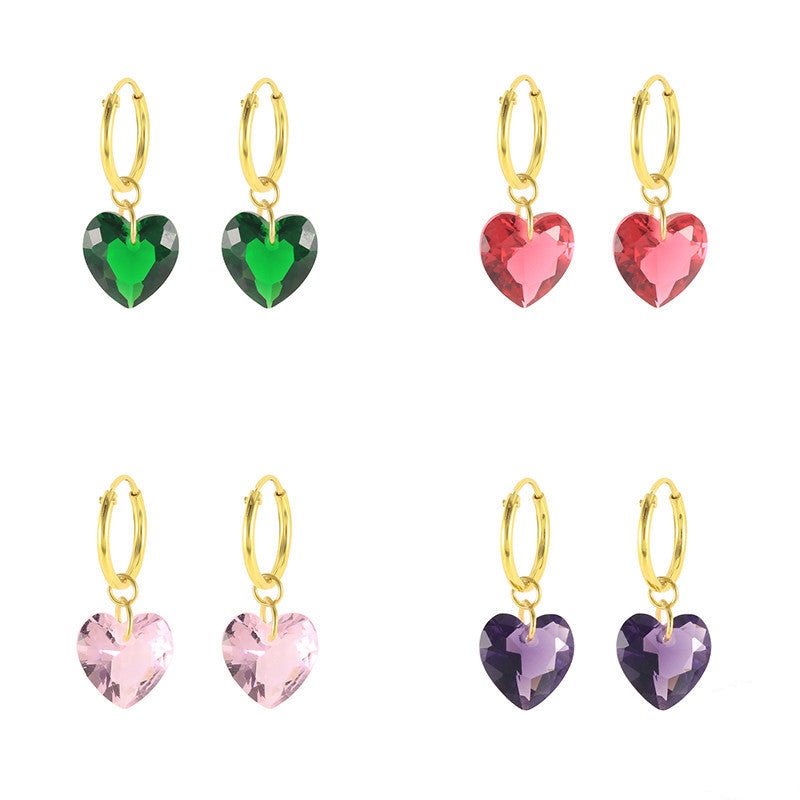 S925 Sterling Silver Fashion Creative Colorful Heart-shaped Crystal Eardrops Earrings