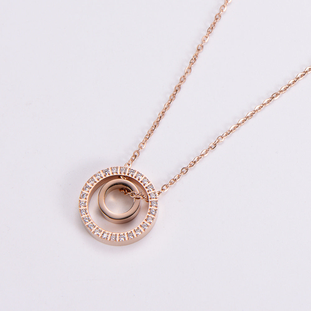 Fashion Simple Style Round Stainless Steel Diamond Rhinestones Pendant Necklace