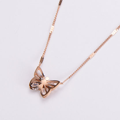 Fashion Butterfly Stainless Steel Diamond Rhinestones Pendant Necklace