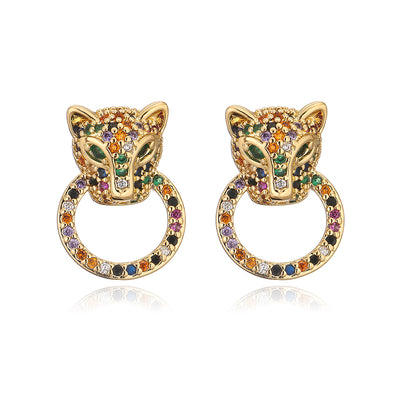 Fashion Leopard Head Inlaid Zircon Copper Earrings