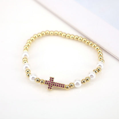 Fashion Cross Copper Beaded Pearl Bracelets 1 Piece