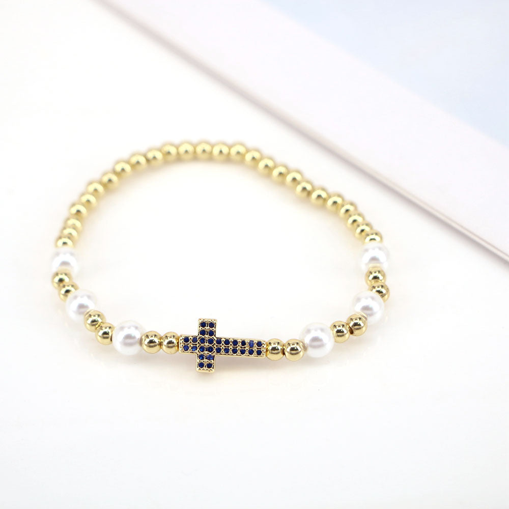 Fashion Cross Copper Beaded Pearl Bracelets 1 Piece