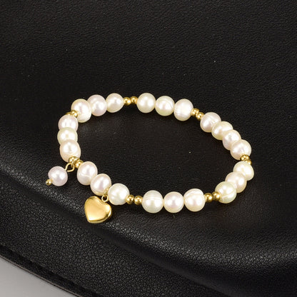 Vintage Style 18k Gold Plated Titanium Steel Round Pearl Heart Pendant Bracelet