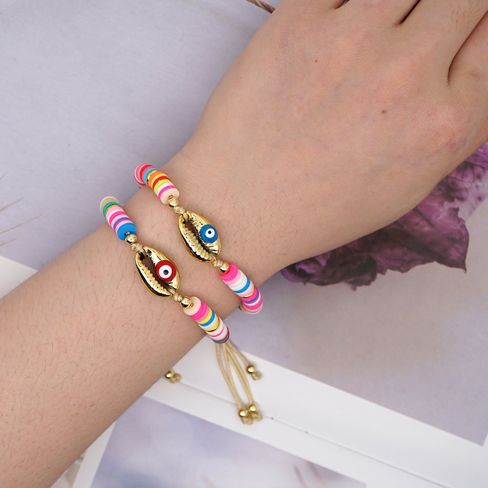 Bracelet Female Simple Bohemian Beach Wind Natural Shell Oil Drop Evil Eye Hand-woven Ceramic Mud Piece Friendship Rope