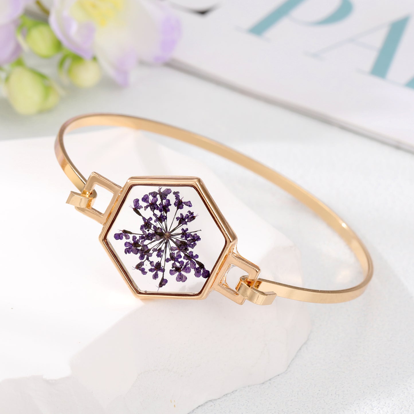 Simple Style Flowers Alloy Plating Resin Bangle