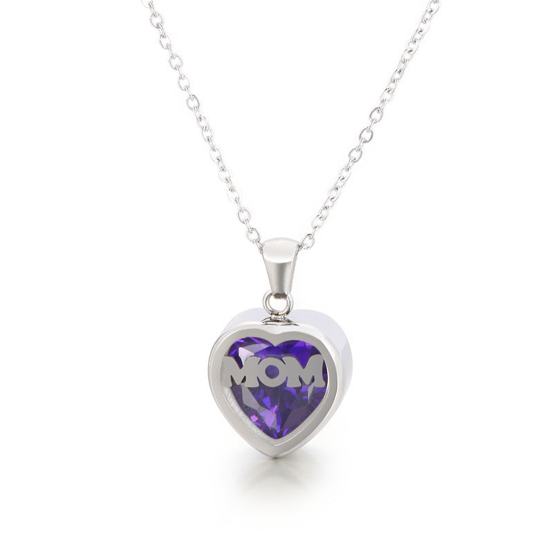 New European And American Fashion Stainless Steel 12 Birthday Stone Heart-shaped Necklace