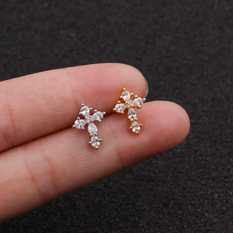 Women's Fashion Cross Metal Zircon Ear Studs Inlaid Zircon Stainless Steel Earrings