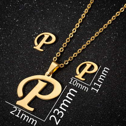 Women's Fashion Simple Style Letter Stainless Steel Pendant Necklace Ear Studs Plating Jewelry Sets