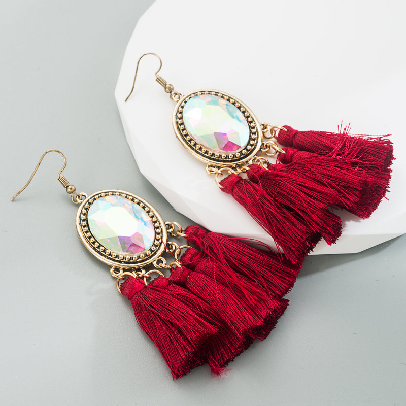 1 Pair Retro Ethnic Style Oval Tassel Tassel Plating Inlay Alloy Glass Drop Earrings