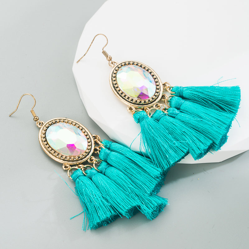 1 Pair Retro Ethnic Style Oval Tassel Tassel Plating Inlay Alloy Glass Drop Earrings