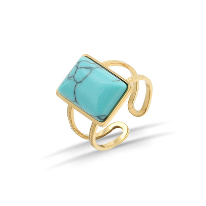 Retro Square Stainless Steel Open Ring Metal Turquoise Stainless Steel Rings