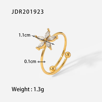 Fashion Geometric Floral Stainless Steel Plating Zircon Gold Plated Open Ring