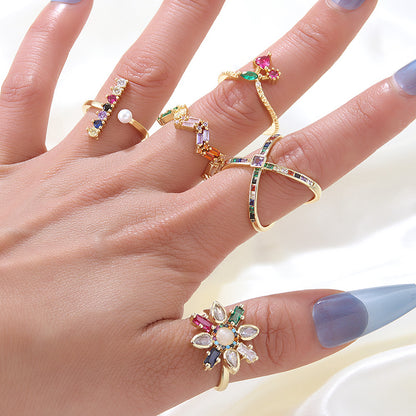 Fashion Geometric Flower Copper Rings Plating Inlaid Zircon Zircon Copper Rings