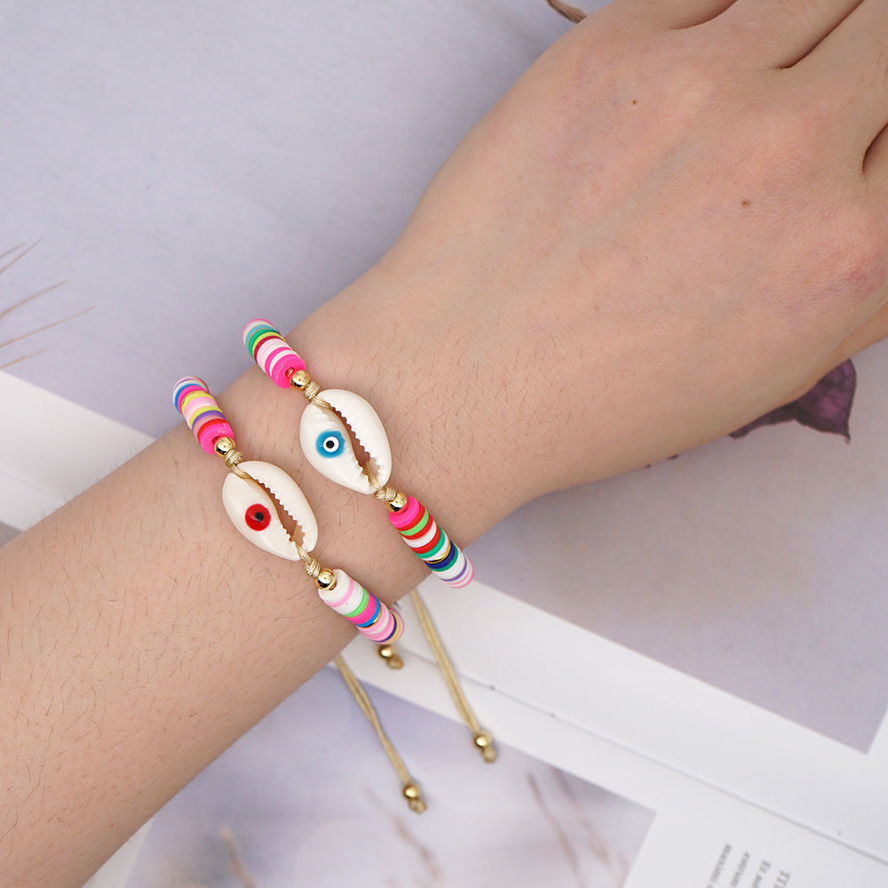 Bracelet Female Simple Bohemian Beach Wind Natural Shell Oil Drop Evil Eye Hand-woven Ceramic Mud Piece Friendship Rope