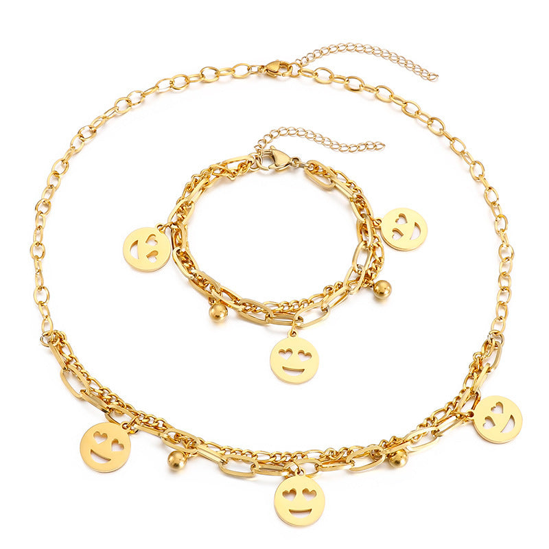 Fashion Emoji Face Stainless Steel No Inlaid Bracelets Necklace 2 Pieces