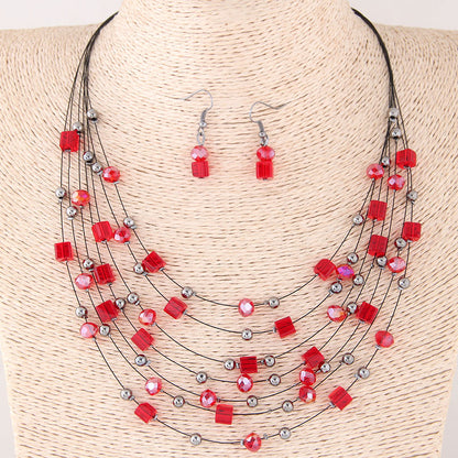 Bohemian Geometric Resin Inlaid Crystal Layered Necklaces Earrings 1 Set