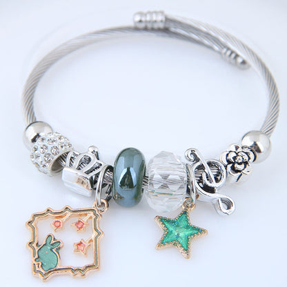 Cute Pentagram Crown Notes Steel Bangle Beaded Stainless Steel Bracelets