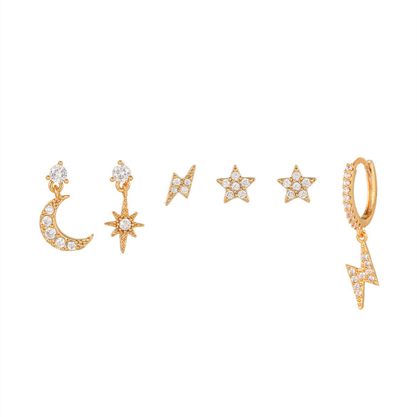 6 Pieces Fashion Star Moon Lightning Copper Plating Zircon Earrings