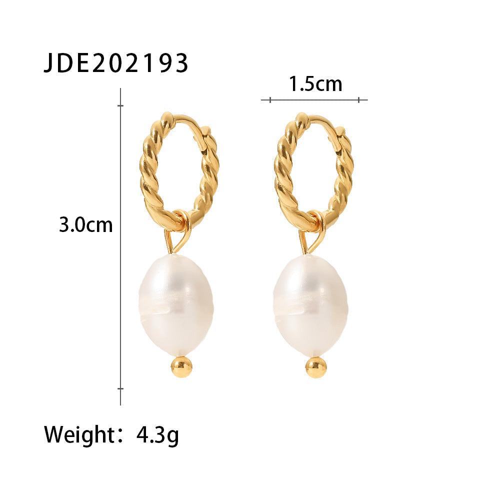 1 Pair French Style Geometric Stainless Steel Twist Ring Freshwater Pearl Gold Plated Hoop Earrings Drop Earrings